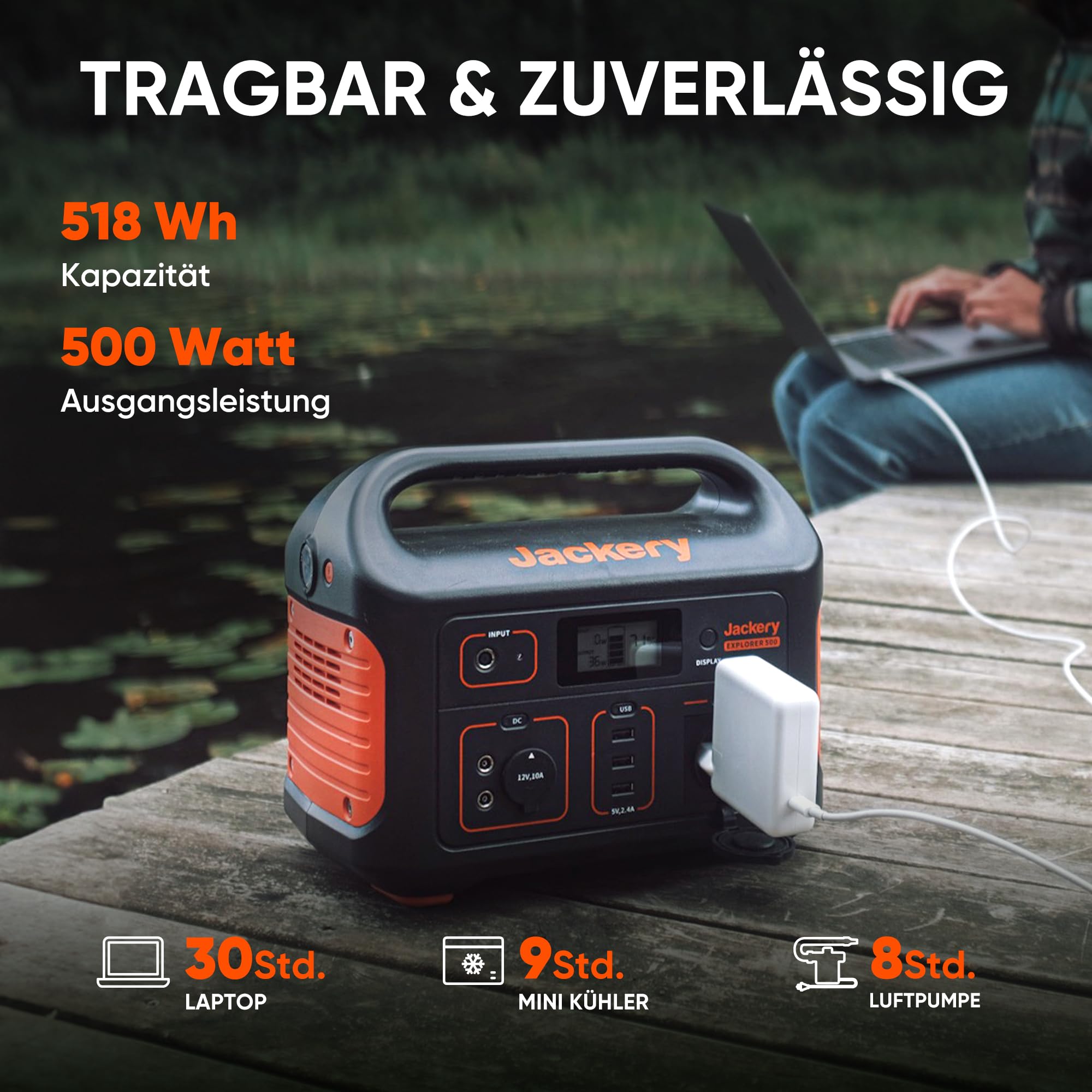 Jackery E500 Tragbare Powerstation, 518Wh Solargenerator mit SolarSaga 100W Solarpanel, 230V/500W mobile Stromversorgung mit LCD Anzeige für Camping, Outdoor Abenteuer & Notfälle-Generalüberholt