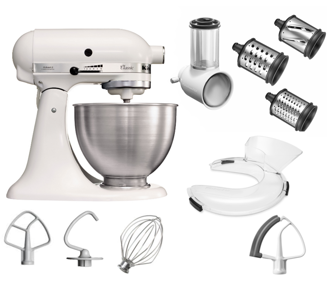 KitchenAid 4,3 L 5K45SS Classic Küchenmaschine Set 3 Gemüseschneider+Spritzschutz+Flexirührer