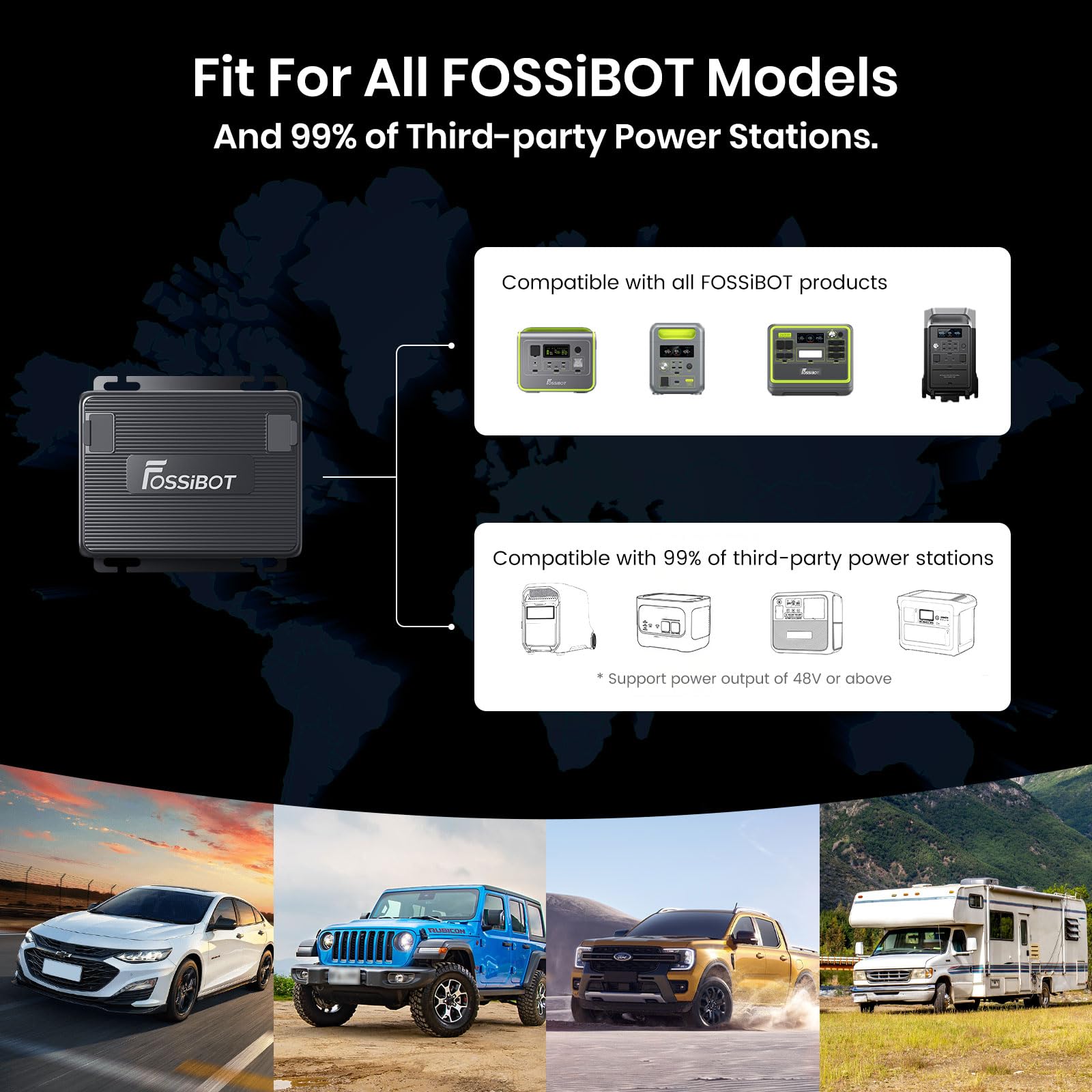 FOSSiBOT FAC580 Charger, 580W Ladegerät, DC-DC-Ladegerät für Tragbare Powerstation F2400 F3600 Pro, 6X schneller als Zigaretten-Ladegeräte, kompatibel mit 99% Solargenerator, perfekt für Road Trips RV