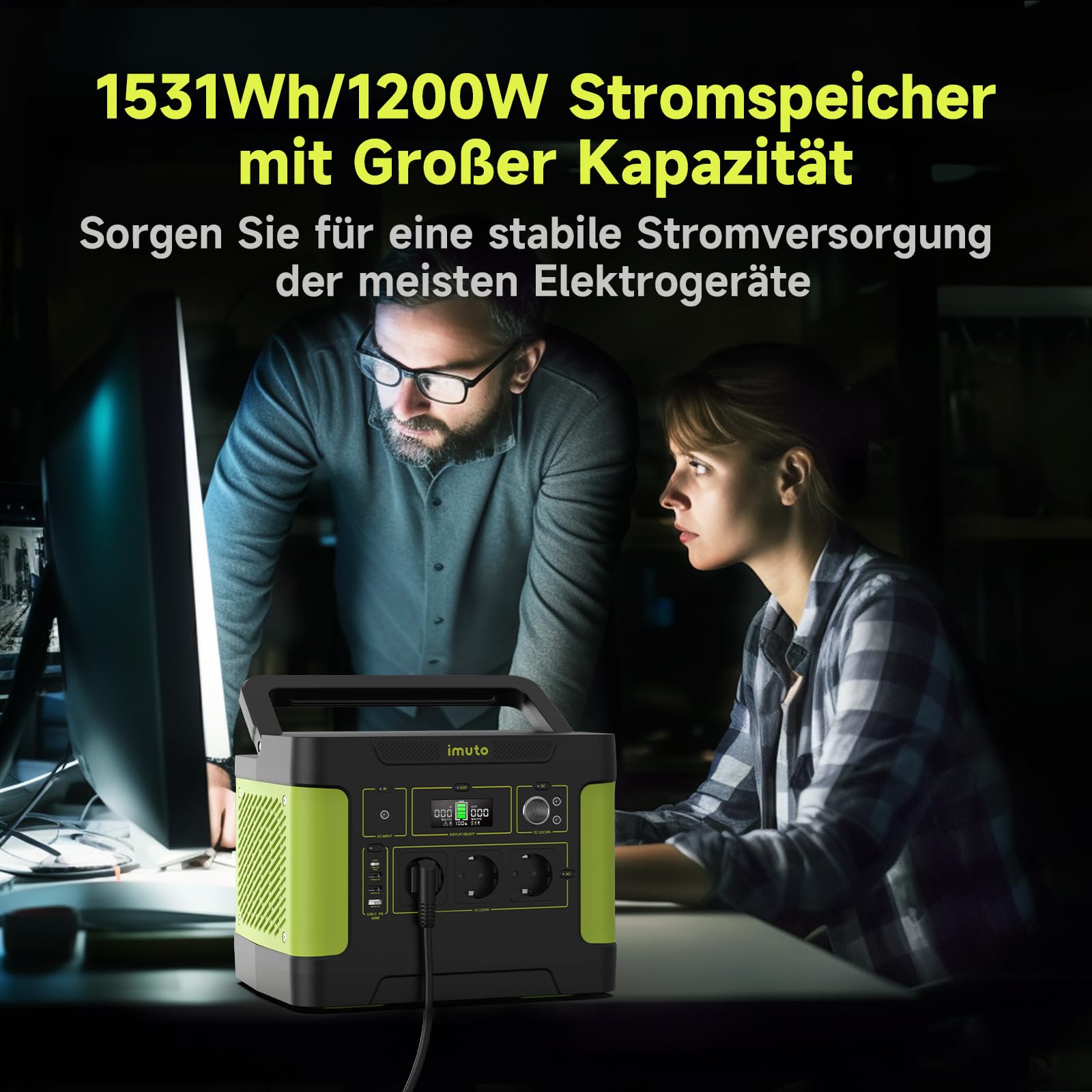 imuto Solargenerator 𝟏𝟓𝟑𝟏𝐖𝐡, Tragbare Powerstation 1200W (Spitze 2200 W) mit 1 * 100 W Solarpanel, Stromspeicher 11 Anschlüsse mit reinem Sinuswellen-AC-Ausgang, für Home Backup/RV/Camping/CPAP
