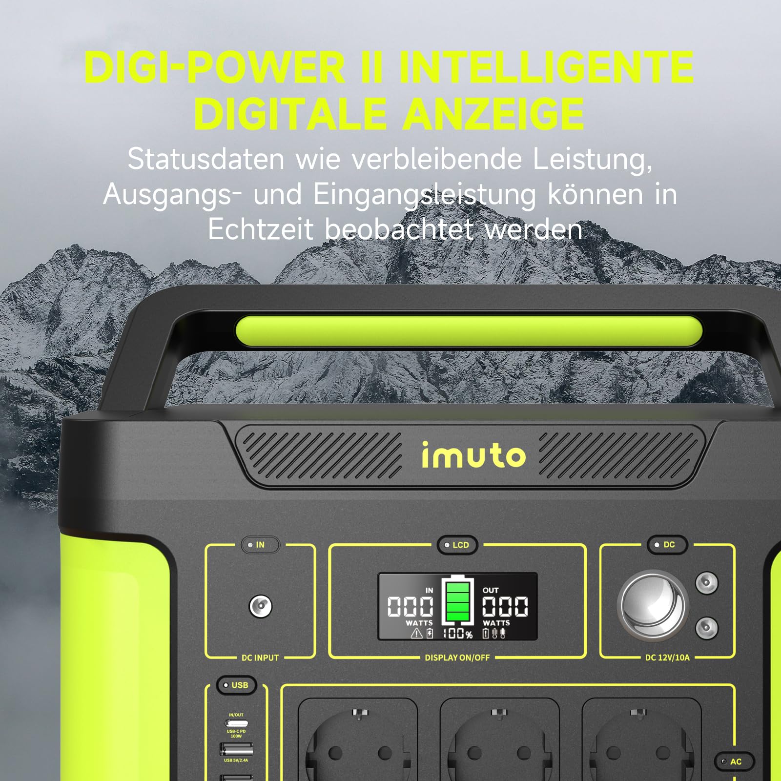 imuto Solargenerator 𝟏𝟓𝟑𝟏𝐖𝐡, Tragbare Powerstation 1200W (Spitze 2200 W) mit 1 * 100 W Solarpanel, Stromspeicher 11 Anschlüsse mit reinem Sinuswellen-AC-Ausgang, für Home Backup/RV/Camping/CPAP