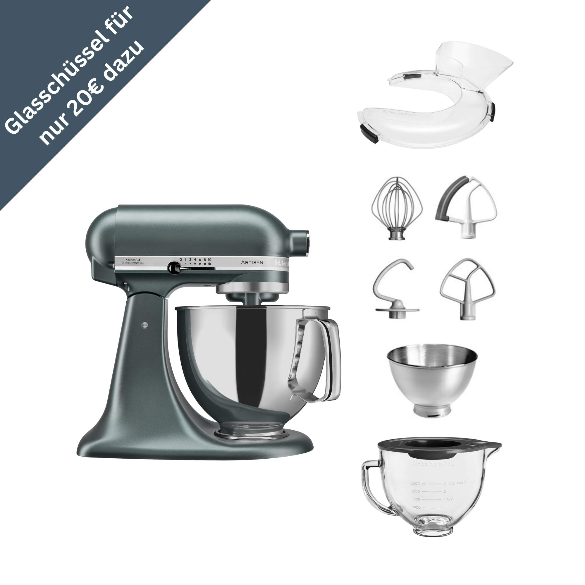 KitchenAid 4,8 L 5KSM175 Artisan Küchenmaschine Glasset mit Glasschüssel